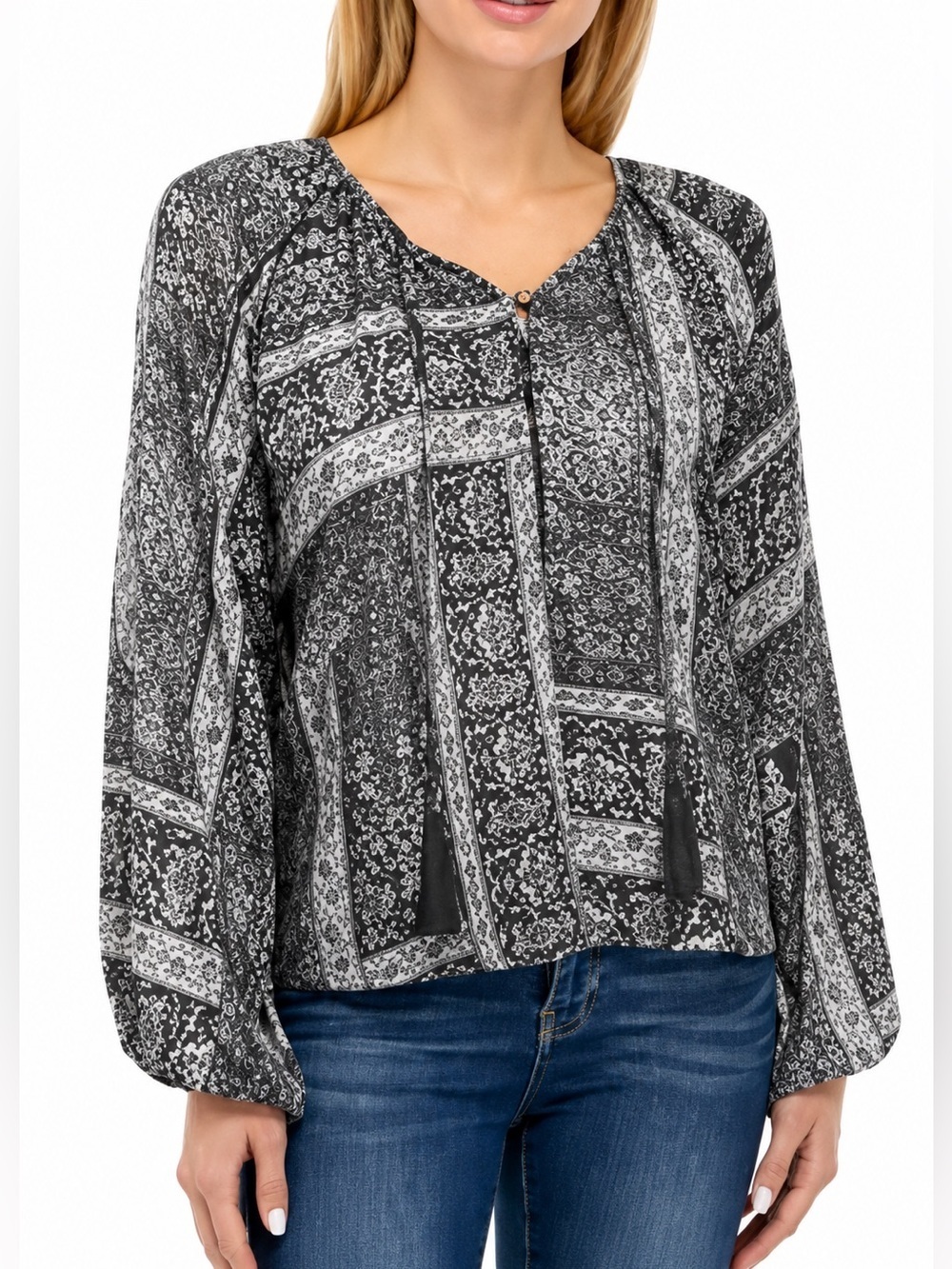 Wonderly Black White Paisley Peasant Blouse Medium Boho Tassel Rayon Top